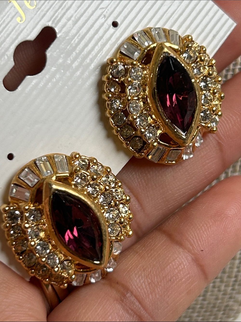 Gold-Tone Earrings with Deep Wine Marquise Crystal - Unbranded